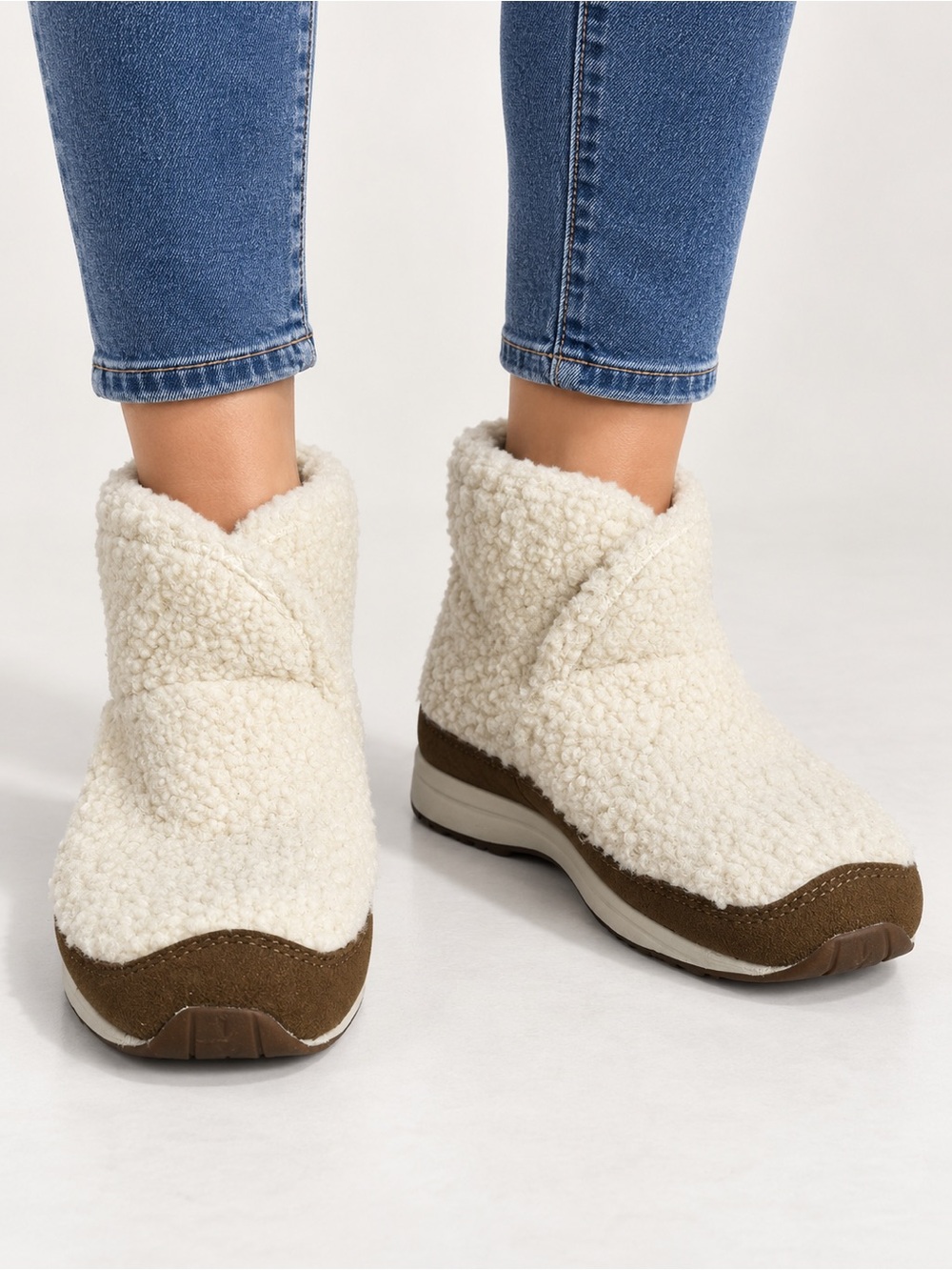 Easy Spirit Cream Sherpa Slip-On Ankle Slippers with Brown Trim